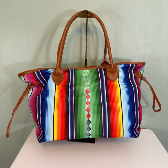 Weekender Tote Bag Rainbow Stripes Canvas Colorful Satchel Travel Makeup Handbag - Picture 2 of 9